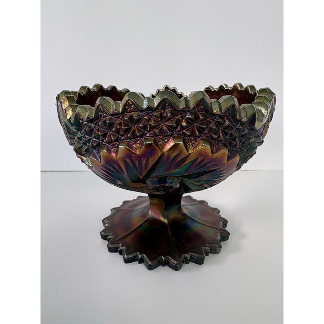 1970s Vintage Fenton Amethyst Carnival Glass “Pinwheels” Pedestal Bowl With Sawtooth Rim For Sale - Image 5 of 10