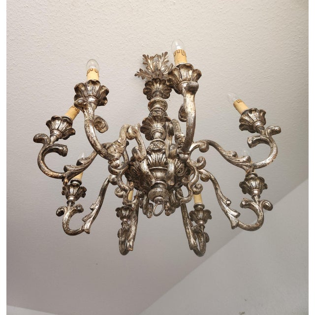 Wood Vintage Louis XV Silvered Hand-Painted Carved Wood Eight-Arm Chandelier with Floral Motifs, Italy, 1920s For Sale - Image 7 of 18