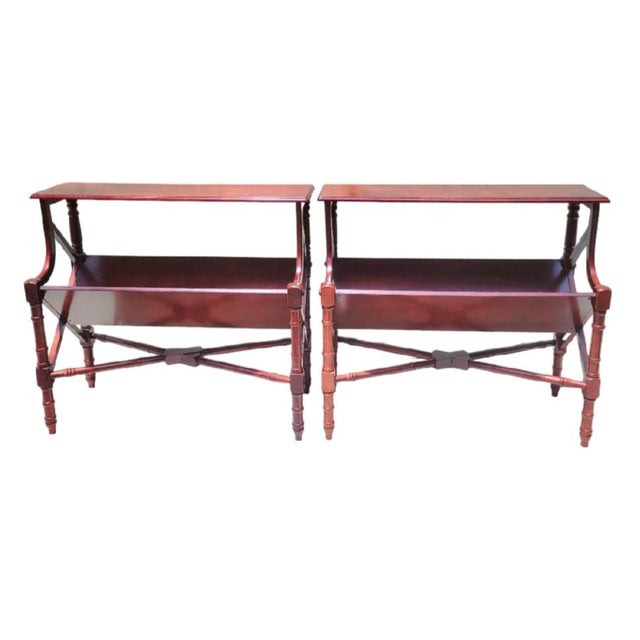​Pair of Vintage Mahogany Faux Bamboo Wood Magazine Rack End Tables / Canterburys- A Pair For Sale In West Palm - Image 6 of 8