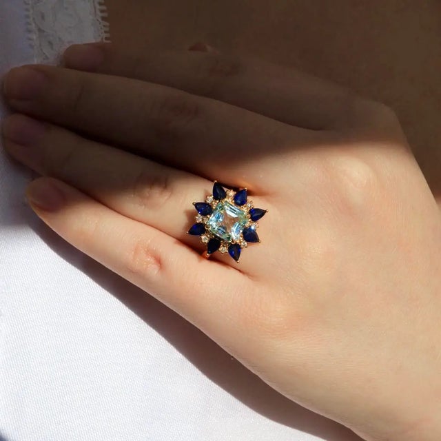 14K Yellow Gold 8 x 8 mm Natural Aquamarine｜Sky Blue｜Princess｜Eye Clean Aquamarine CTW: 2.80 8 Pieces Natural...