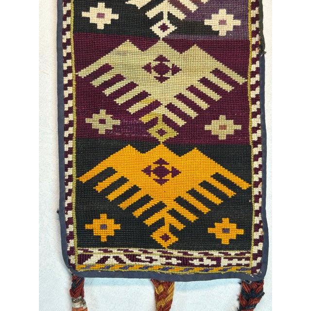 Antique Yomut Turkmen Spindle Bag Igsalyk Long Tassels Multicolor Wool For Sale - Image 4 of 10