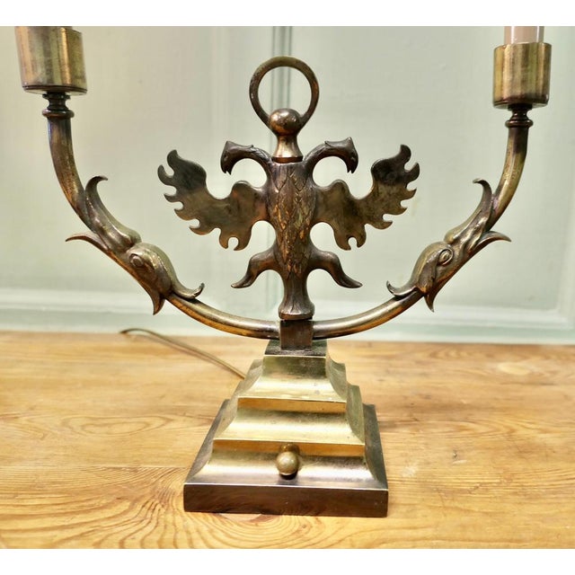 Arts and Crafts Gothic Brass Twin Table Lamps, 1910, Set of 2 For Sale - Image 6 of 8
