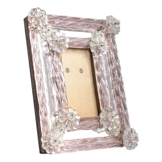Italian Photo Frame in Pink Murano Glass and Mirror with Floral Rosettes, 1960s For Sale