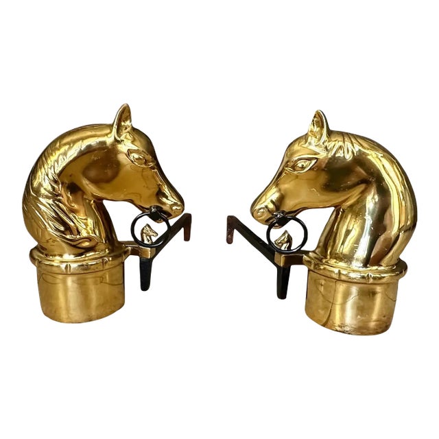 Pair of Brass and Iron Horse Equestrian Andirons For Sale