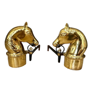 Pair of Brass and Iron Horse Equestrian Andirons