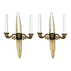 Antique Pair Ormolu Gilt Bronze Treble Light Wall Electric Sconces Appliques 19c