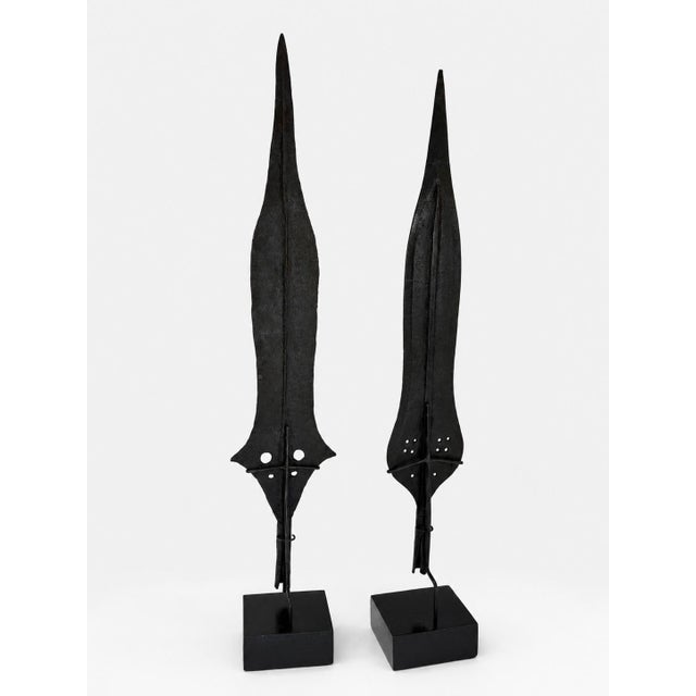 Wood Early 20th Century Pair of African Hand-Forged Iron Spearheads on Custom Stands For Sale - Image 7 of 12