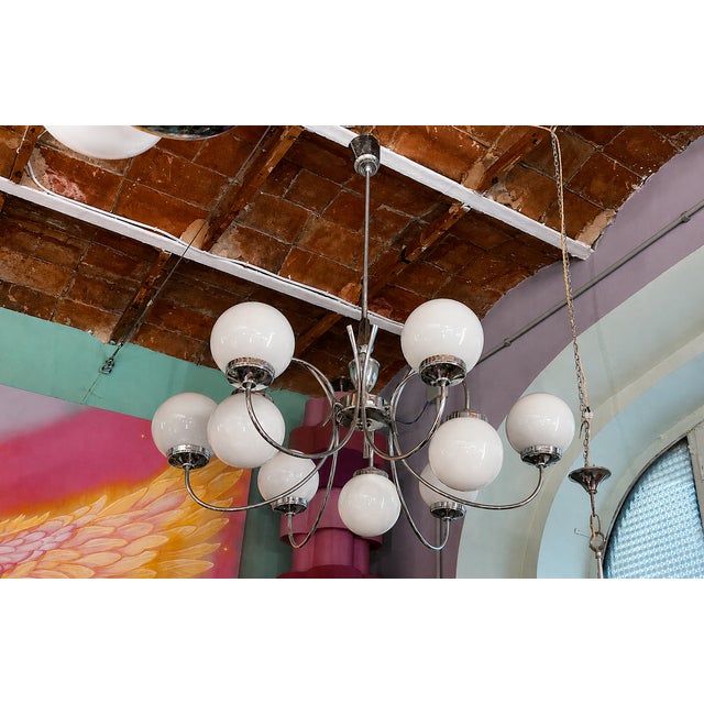 Space Age Chrome and Opaline Glass Chandelier, 1970s, in Very Good conditions. Designed 1960 to 1969 Up to 250V (Europe/UK...