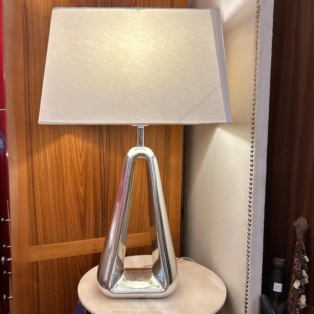 Metal Chrome Crackle Finish Ceramic Tabletop Lamp With Custom Linen Shade For Sale - Image 7 of 8