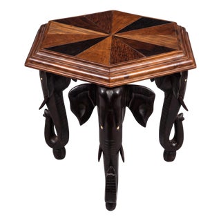 Early Anglo-Indian Carved Elephant Form Drinks Table W/ Parquetry Sunburst Top For Sale