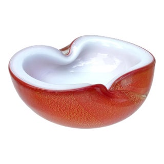 Vintage Murano Barbini Orange White Gold Flecks Italian Art Glass Midcentury Bowl Ashtray Dish For Sale