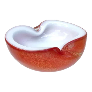 Vintage Murano Barbini White Orange Gold Flecks Italian Art Glass Midcentury Bowl Ashtray Dish