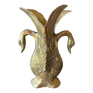 1970s Vintage Brass Double Swan Vase, Made in Korea For Sale
