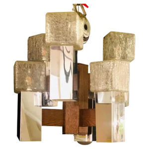 Art Deco Style Glass and Burl Wood Chandelier With 12 Lights and 2 Tier