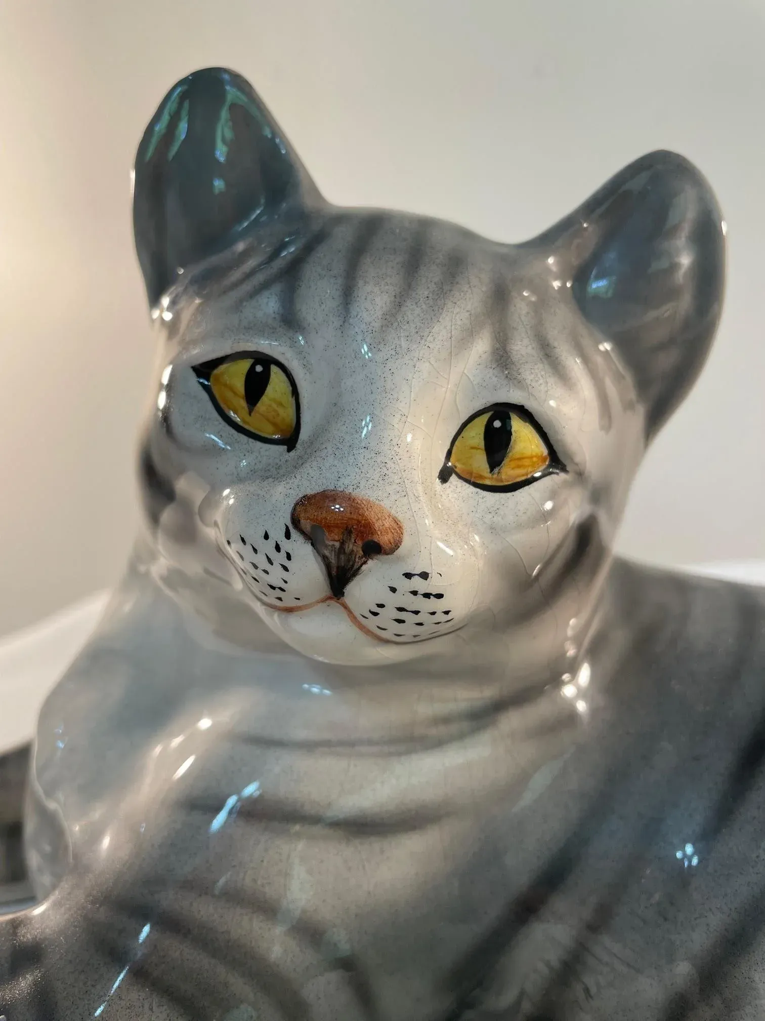 Large Mid 20th Century Ronzan Ceramic Gray Tabby Cat | Chairish
