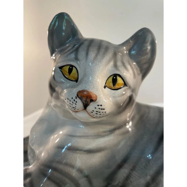 Ceramic Large Mid 20th Century Ronzan Ceramic Gray Tabby Cat For Sale - Image 7 of 13