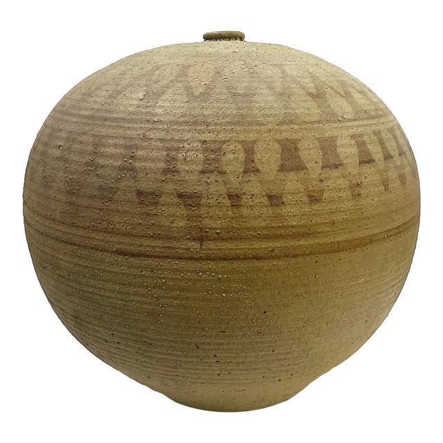 1970's Massive Hand-Crafted Stoneware Vessel With Geometric Decoration by Ken Edwards Montana Potter For Sale