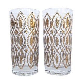 Gold Embossed High Ball Cocktail Glasses - A Pair For Sale
