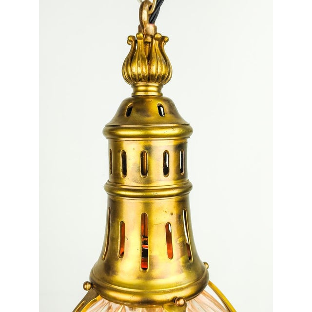 Holophane Brass 2 Part Glass Holophane Pendant Light, Belgian, 1890s For Sale - Image 4 of 7