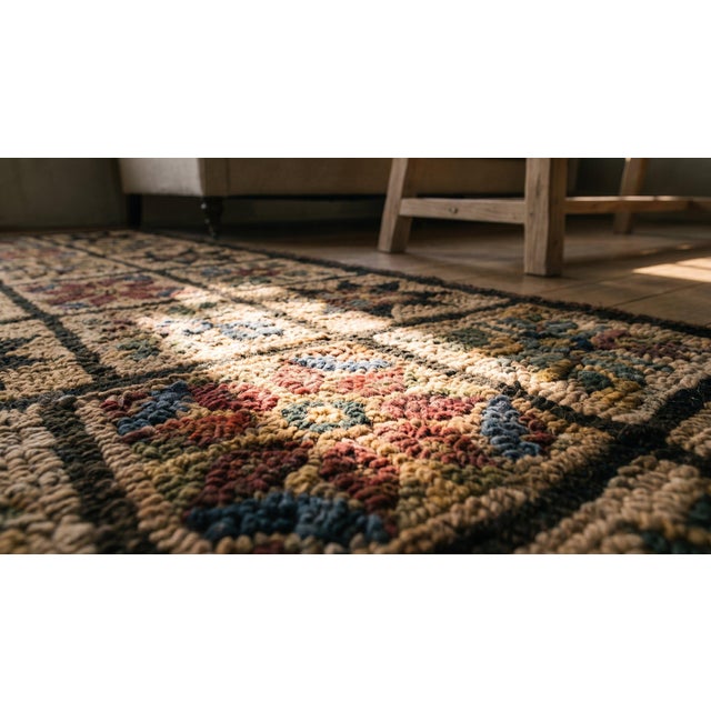 Brown 1930s Brown Floral Geometric Folk Art Antique American Hooked Rug 5'4" X 8'8" Hand Knotted Wool Carpet For Sale - Image 8 of 9