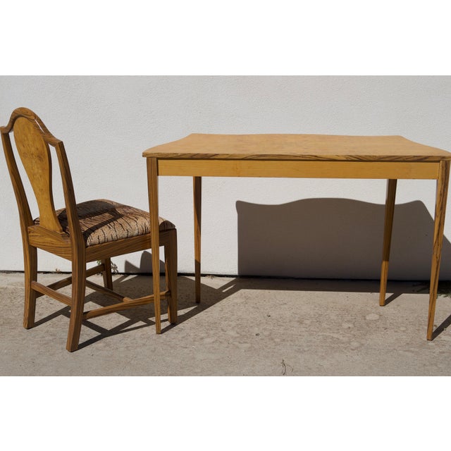 1970s Sheraton-Style Zebrawood and Burl Serpentine Edge Console Table With Matching Zebra Side Chair For Sale - Image 5 of 13