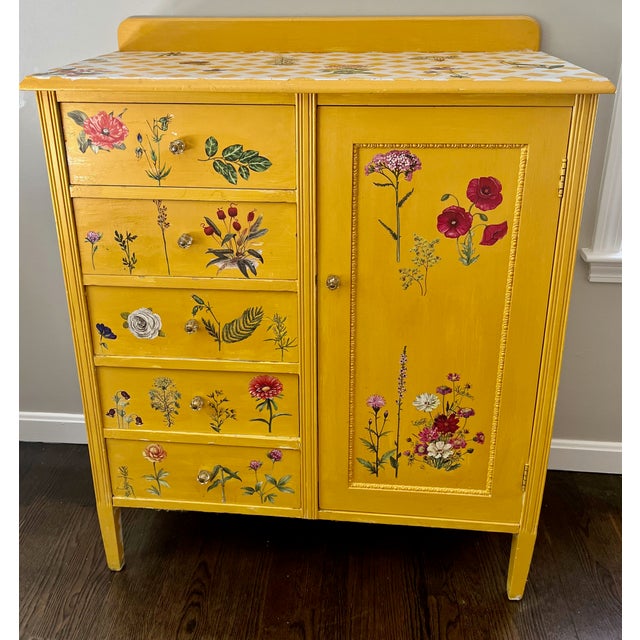 A delightful, cottage chic chiffonier chest. There are 5 drawers and one door that has 3 shelves. Refurbished from a 1930s...