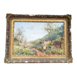 19th Century English Oil Painting Genre Scene of Girls Picking Flowers by Ernest Walbourn