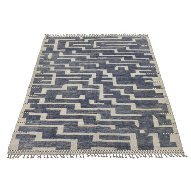 10x14 Modern Maze Blue & Cream Moroccan Geometric Handmade Wool Rug For Sale In New York - Image 6 of 11