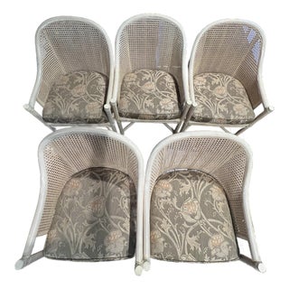 Vintage McGuire San Francisco Rattan Barrel Back Armchairs, Set of 5 McGuire Rolling Chairs in Excellent Condition For Sale