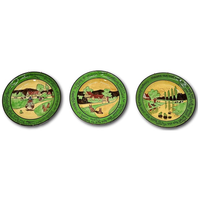Kelly Green Set of 3 Antique Ye Olde English Staffordshire Pottery Rabbit Motto Plates - Wall Hanger Brackets Included For Sale - Image 8 of 18