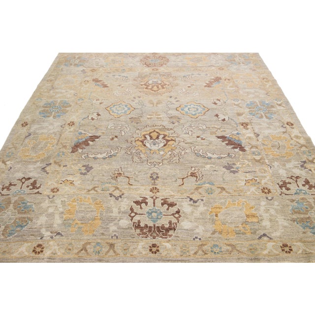 Modern Beige Modern Sultanabad Handmade Square Wool Rug With Floral Motif For Sale - Image 3 of 11