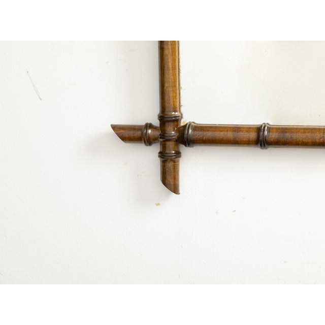 Rustic European French 1920s Rectangular Faux Bamboo Walnut Mirror with Brown Patina For Sale - Image 3 of 7