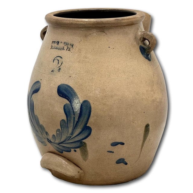 Rare Large 2 Gallon Size Antique American Blue Decorated Stoneware Batter Jug by Evan R Jones Pittston Pennsylvania 1860s For Sale - Image 4 of 18