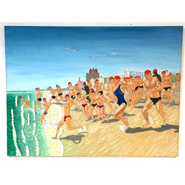 Blue “Swim for Life, Miami Beach” Figurative Oil Painting by Eduardo Lluria Miralles For Sale - Image 8 of 15