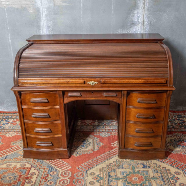 Wood Edwardian Roll Top Desk, 1890s For Sale - Image 7 of 12