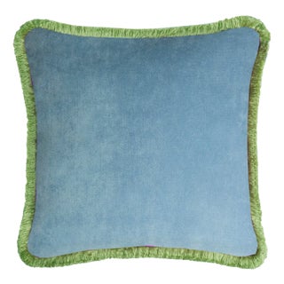 Happy Cushion Cover in Velvet Light Blue with Green Fringes For Sale