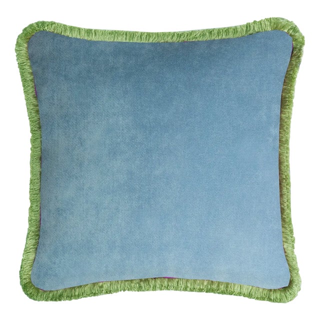 Happy Cushion Cover in Velvet Light Blue with Green Fringes For Sale