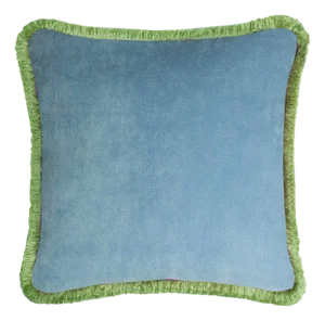 Happy Cushion Cover in Velvet Light Blue with Green Fringes