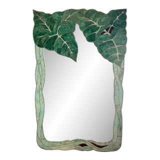 1980s Tessellated Green Stone Monstera Leaf Wall Mirror For Sale