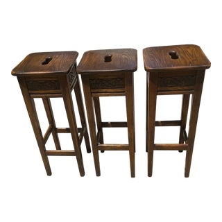 Vintage Tall English Pub Wooden Bar Stools- Set of 3 For Sale