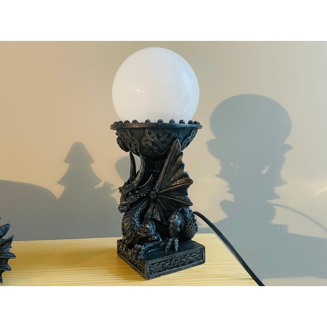 Black Black Resin Dragon Table Lamps with Candleholder, 1980s, Set of 2 For Sale - Image 8 of 17