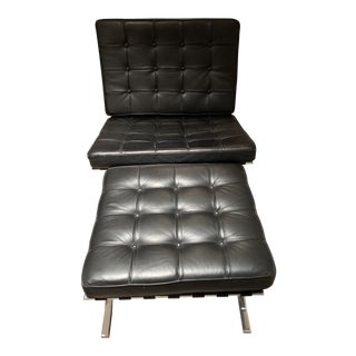 Vintage Mid-Century Black Leather Barcelona Chair and Ottoman For Sale