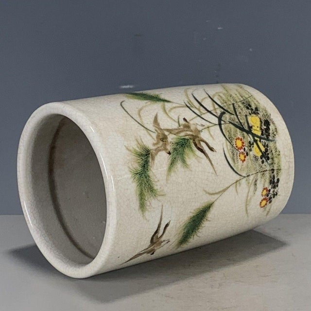 Ceramic Crackle Glaze Porcelain Brush Pot With Bird & Floral Motif For Sale - Image 7 of 9