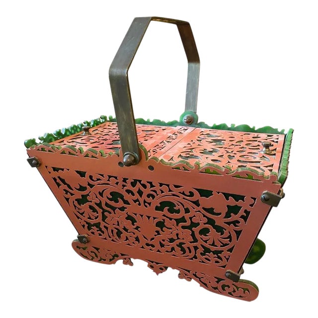 1960s Green and Pink Plexiglass and Brass Italian Basket For Sale