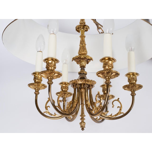 Brass 1960s Spanish Louis XVI Style Hunter Green Bouillotte 6-Light Chandelier For Sale - Image 8 of 16