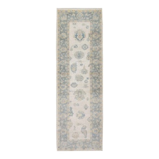 Turkish Oushak Runner Soft Blue & Ivory Handwoven Wool Rug 2'11" X 9'2" For Sale