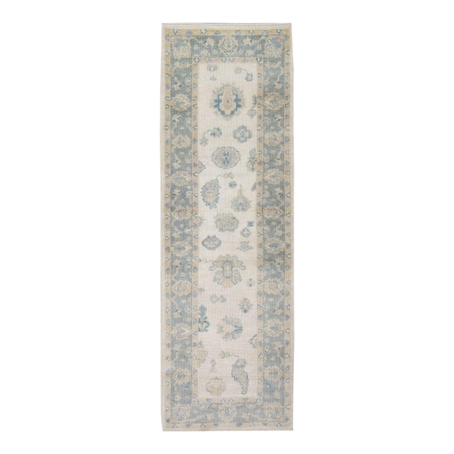 Turkish Oushak Runner Soft Blue & Ivory Handwoven Wool Rug 2'11" X 9'2" For Sale