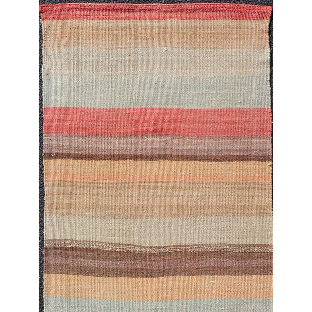 Traditional Vintage Turkish Kilim Runner With Coral, Tan and Soft Blue Stripes For Sale - Image 3 of 11