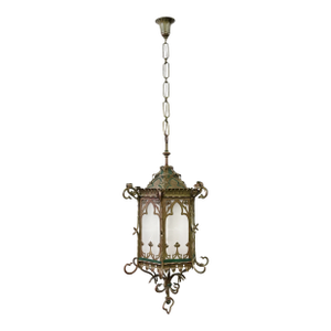Large Antique Asian Inspired Iron and Steel Lantern, Early 20th Century