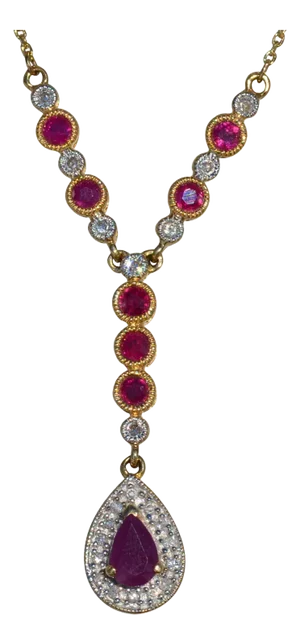 The Eleanora: Ladies Ruby and Diamond Drop Necklace in 14K Gold
